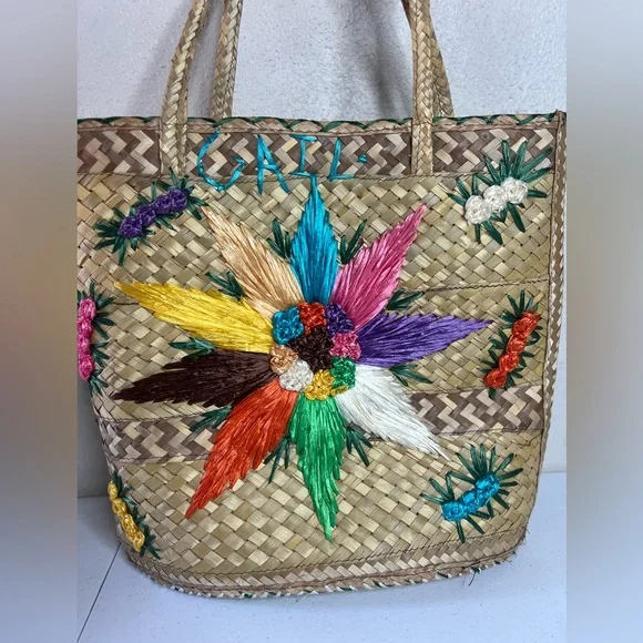 vintage bohemian Straw Multi Color Floral Embroidered GAIL Oversized Tote Bag - Picture 2 of 11